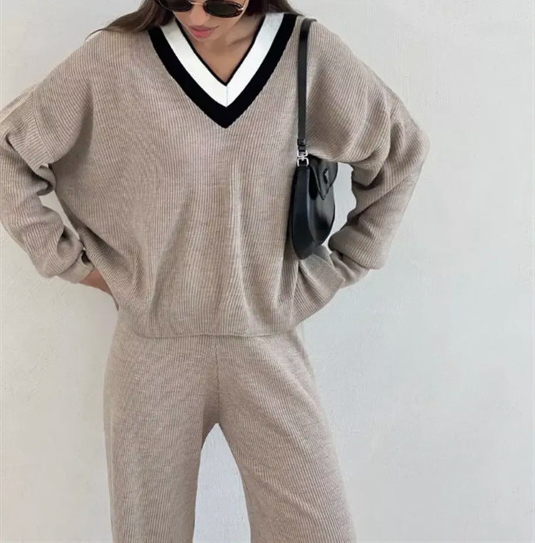 Damen gemütlicher V-Ausschnitt Pullover mit gestreiftem Kragen Heidi-Mode