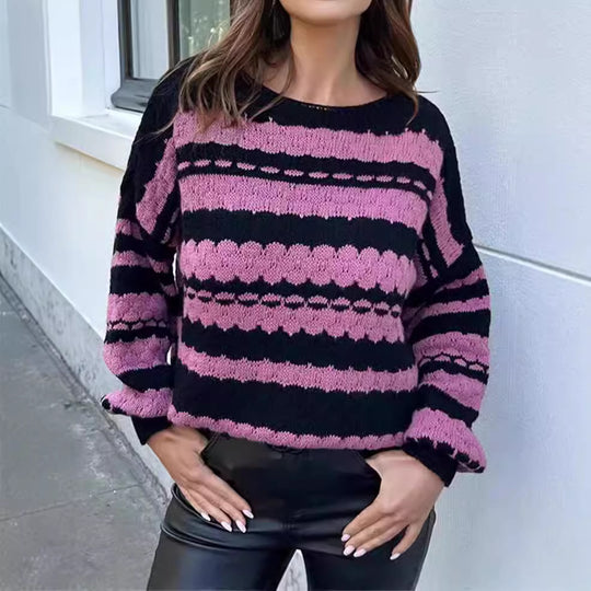 Damen gemütlicher Strickpullover mit modernem Zopfmuster und grafischen Akzenten Heidi-Mode