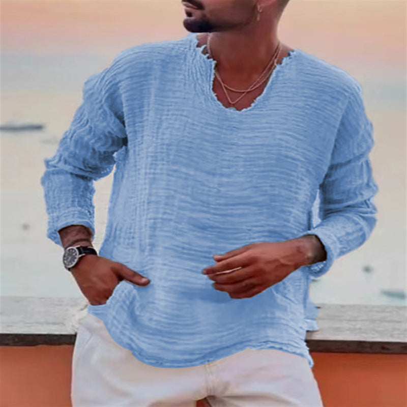 Herren lässiges V-Neck Leinenhemd Heidi-Mode
