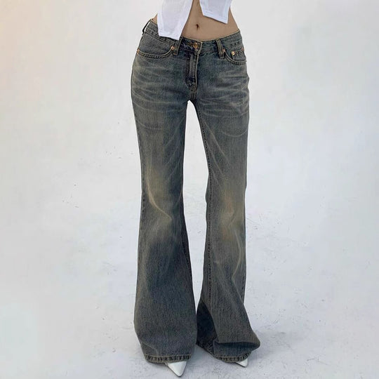 Damen Hochtaillierte Flared Jeans im Vintage-Look mit ausgestelltem Bein Heidi-Mode