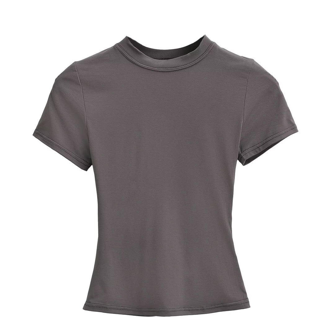 Damen Kurzarm T-Shirt mit hochgeschlossenem Kragen und figurbetontem Schnitt Heidi-Mode