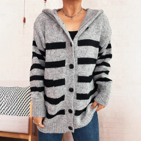 Damen oversized Strickjacke mit kontrastierenden Streifen und Kapuze Heidi-Mode