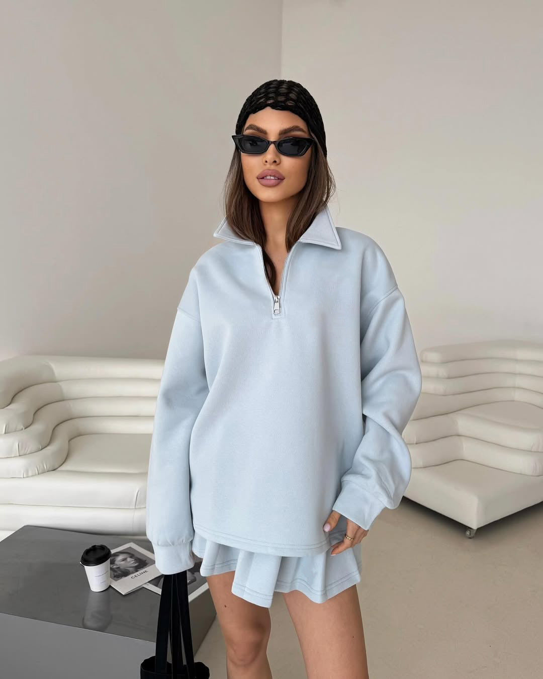 Damen sportlicher Pullover mit Kordelzug und Reißverschluss Heidi-Mode