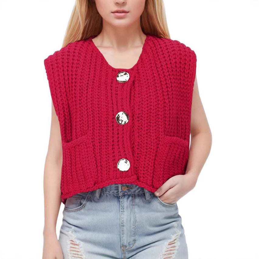 Damen Strickweste mit praktischen Taschen und dekorativen Holzknöpfen Heidi-Mode