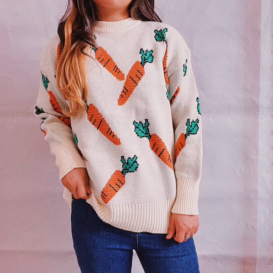 Damen lässiger Pullover mit buntem Karottenmotiv Heidi-Mode