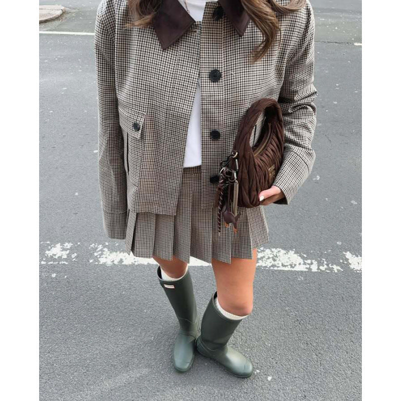 Damen Karomuster Blazerjacke mit kurzen Ärmeln und passender Minirock Heidi-Mode