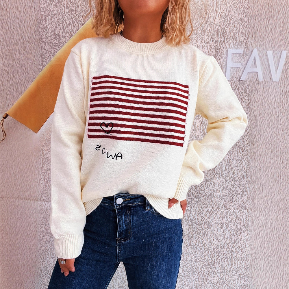 Damen lässiger Pullover mit gestreiftem Design und Herzapplikation Heidi-Mode