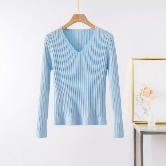 Damen Feinstrickpullover mit V-Ausschnitt und Rippstruktur Heidi-Mode