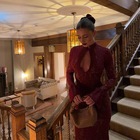 Damen Elegantes Spitzenkleid mit hochgeschlossenem Kragen und voluminösen Ärmel Heidi-Mode