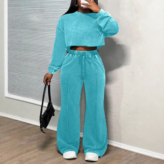 Damen lässiges cropped Lounge-Set mit weitem Hosen und praktischem Kordelzug Heidi-Mode