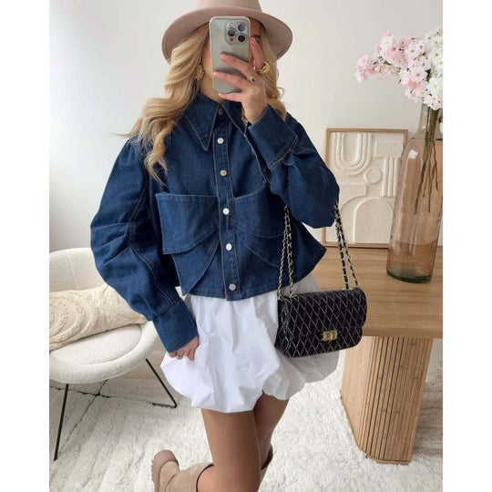 Damen stylische cropped Denimjacke mit praktischen Taschen Heidi-Mode