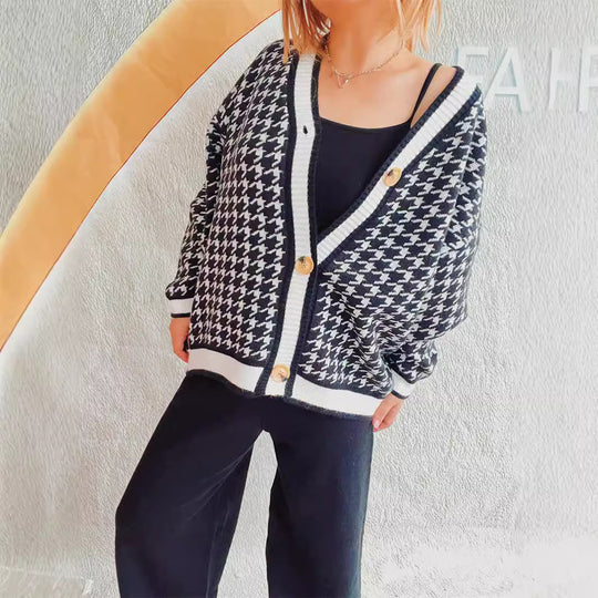 Damen oversized Strickjacke im klassischen Hahnentrittmuster Heidi-Mode