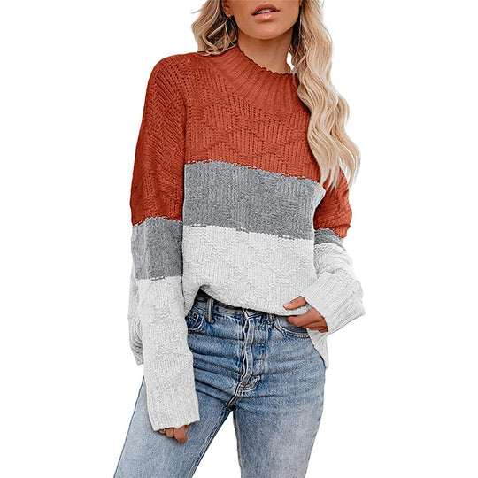 Damen farbenfroher Strickpullover mit strukturiertem Muster und hohem Kragen Heidi-Mode