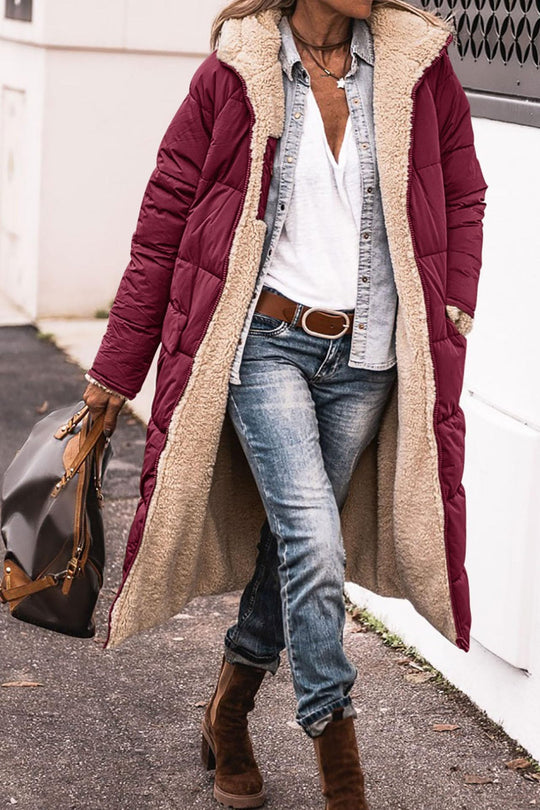 Damen lange Steppjacke mit kuscheligem Teddyfutter und großem Revers Heidi-Mode
