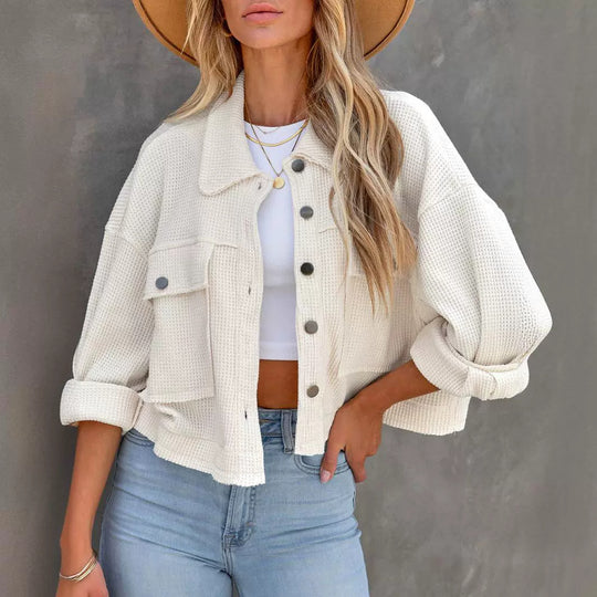 Damen lässige Waffelstrukturjacke mit praktischen Taschen und knopfbasiertem Verschluss Heidi-Mode