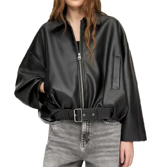 Damen Oversized Kunstlederjacke mit flauen Schultern und praktischen Druckknöpfen Heidi-Mode