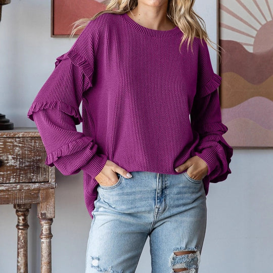 Damen Pullover mit Rüschendetails und farbenfrohem Strukturdesign Heidi-Mode
