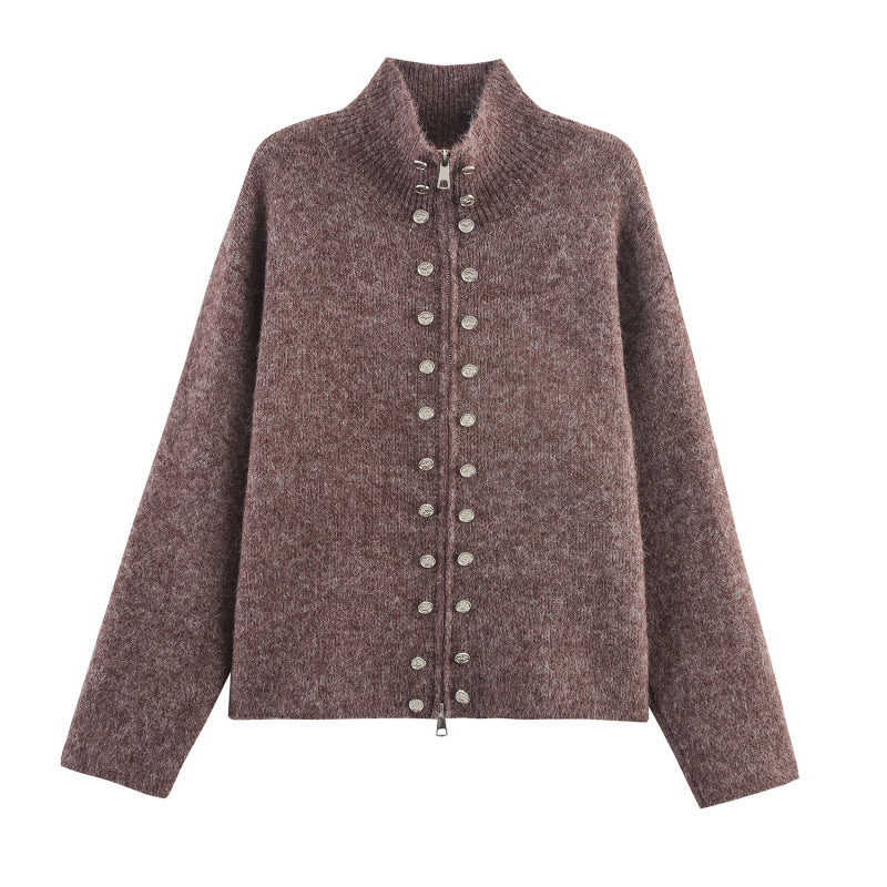 Damen modischer Strickpullover mit stilvollem Reißverschluss und dekorativen Knöpfen Heidi-Mode