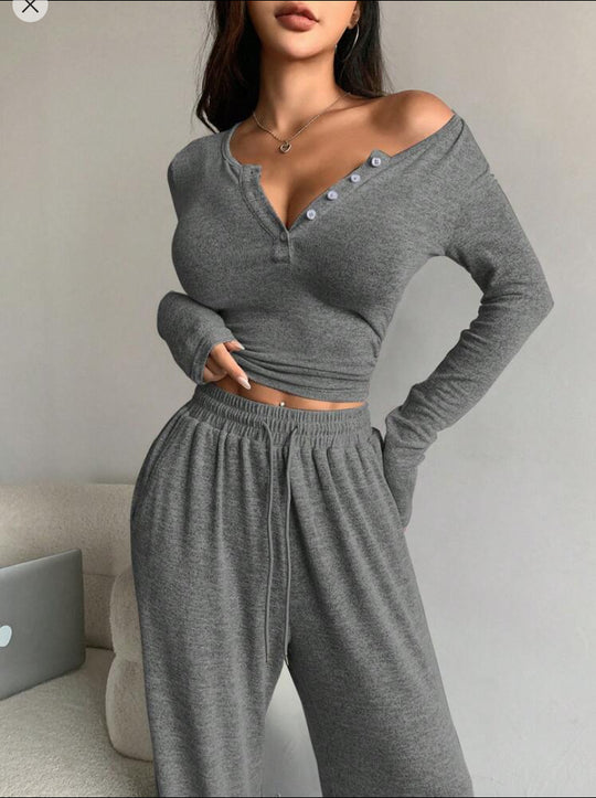 Damen Set aus lässigem Langarmoberteil und bequemen Palazzohose Heidi-Mode