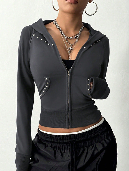 Damen modische Zip-Hoodie mit Silberschmuck-Details Heidi Mode