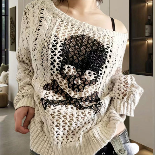 Damen Oversized Strickpullover mit kreativem Lochmuster und Anker-Design Heidi-Mode