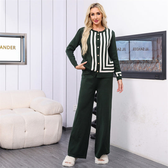 Damen elegantes Strick-Loungewear-Set mit grafischem Muster und Knopfdetaillierung Heidi-Mode