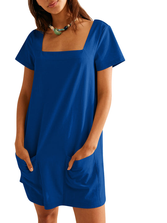 Damen lockeres Sommerkleid mit quadratischem Ausschnitt und praktischen Taschen Heidi-Mode