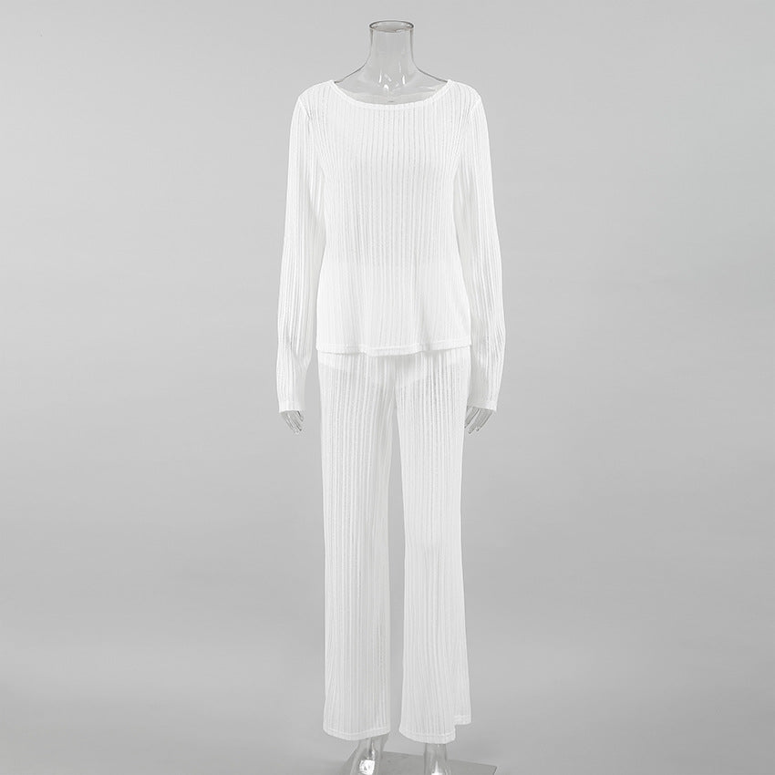 Heidi-Mode | Frühling Sommer Strick Hohl Ausschnitt Atmungsaktiv Hausanzug Langarm Hose Set Zwei Stück Einfarbig Frauen Pyjama