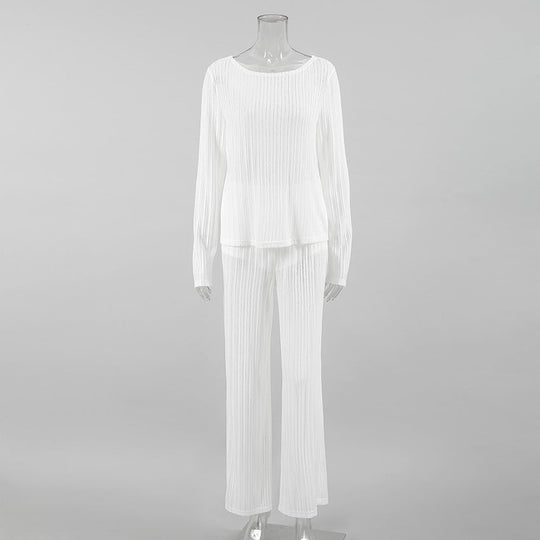 Heidi-Mode | Frühling Sommer Strick Hohl Ausschnitt Atmungsaktiv Hausanzug Langarm Hose Set Zwei Stück Einfarbig Frauen Pyjama