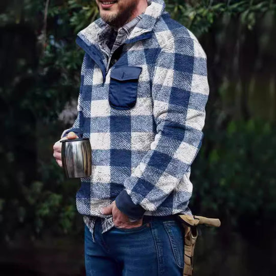 Herren Fleece-Pullover mit Karomuster und hohem Kragen Heidi-Mode