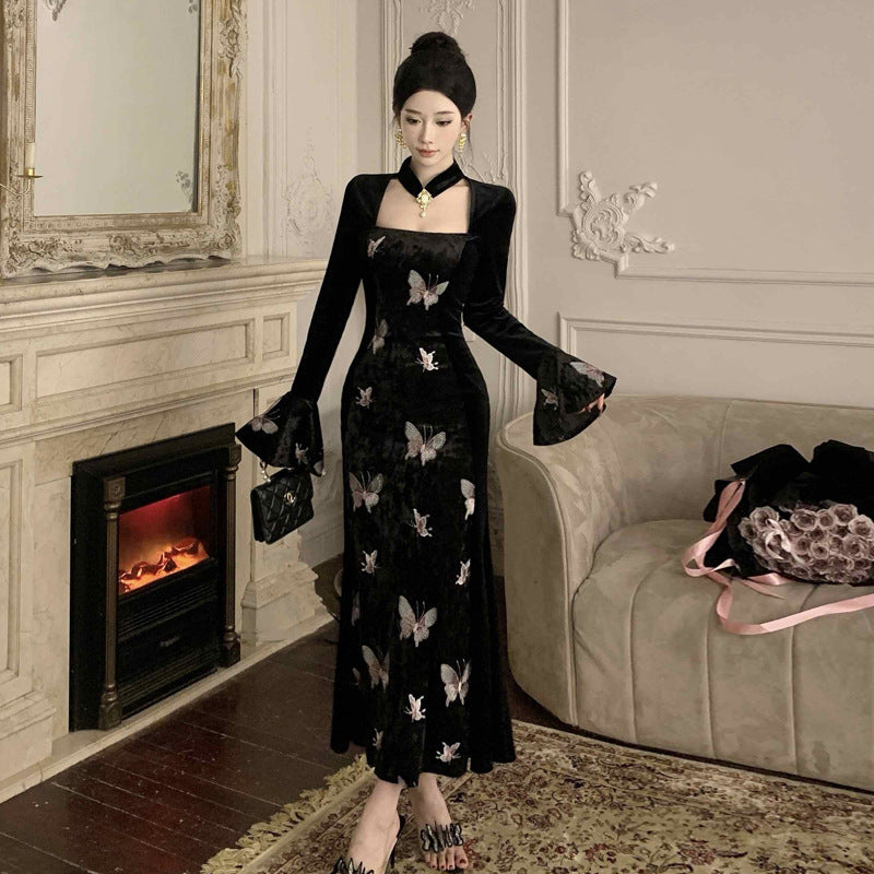 Heidi-Mode | Slimming Samt Schmetterlingsstickerei Zusammengestücktes Meerjungfrau Kleid