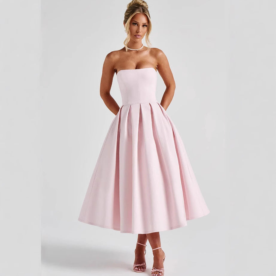 Damen Elegantes Midi-Kleid mit schwingendem Rock und raffiniertem Bandeau-Ausschnitt Heidi-Mode