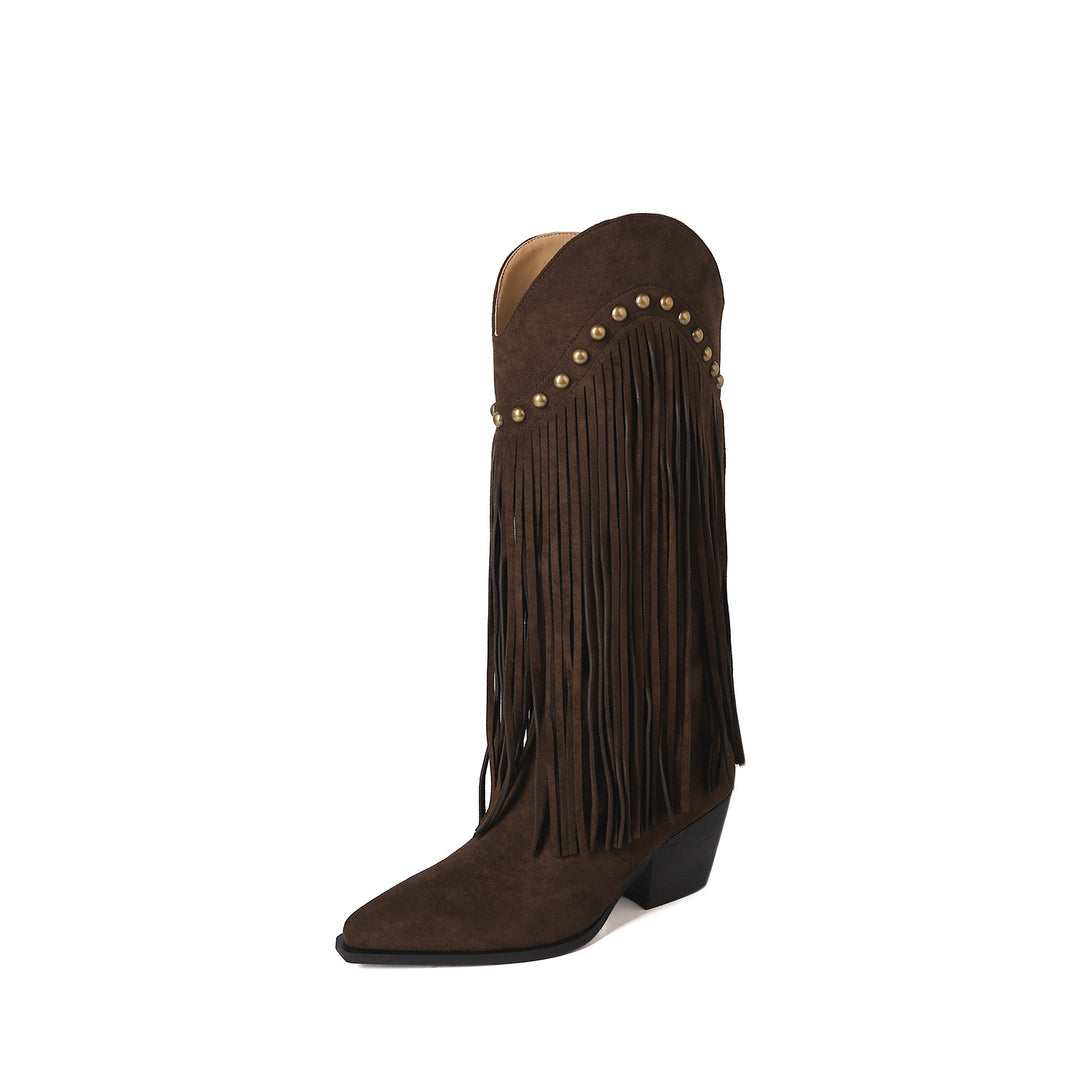 Damen Fransen Stiletto Kniehohe Stiefel mit dekorativen Nieten Heidi-Mode