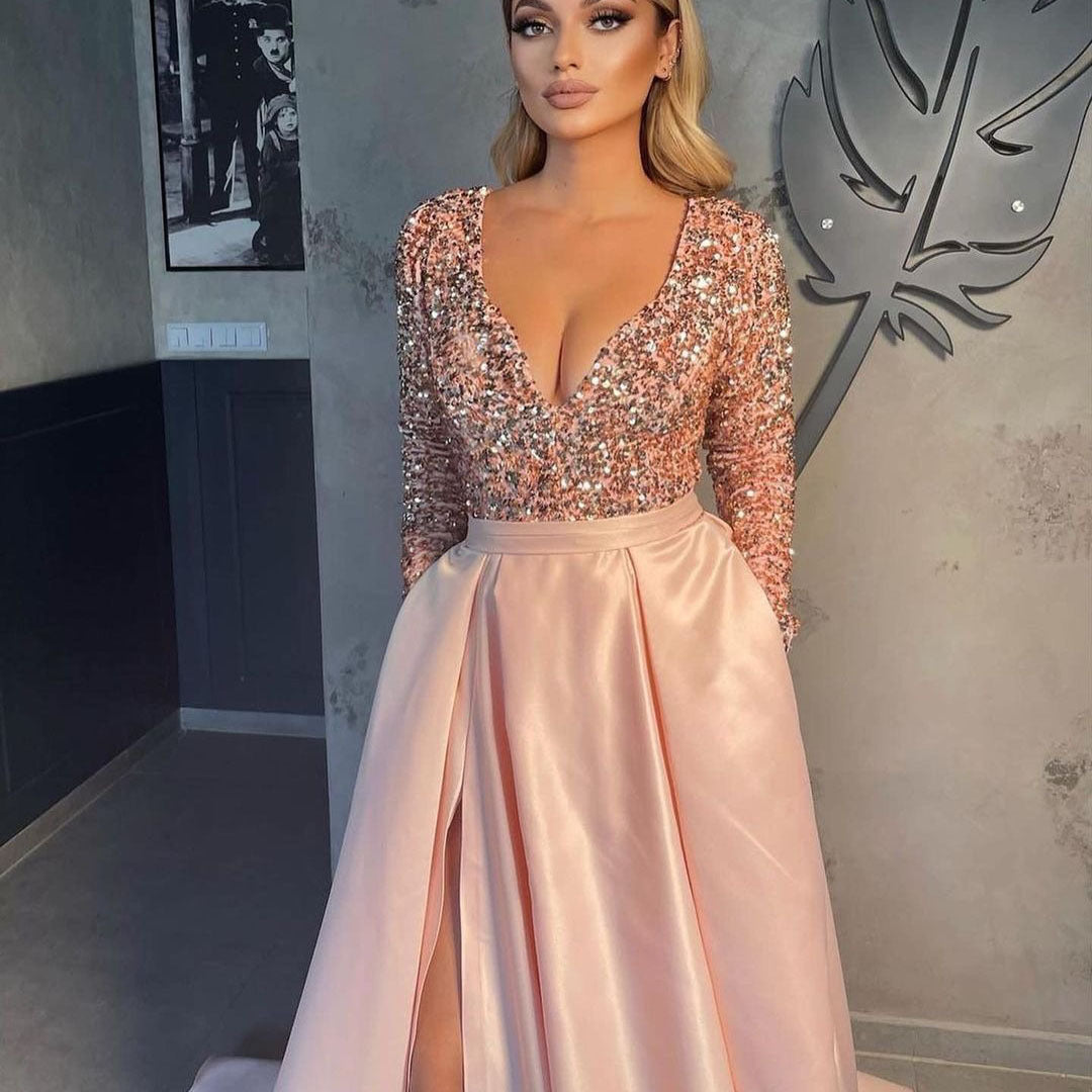 Damen Glamouröses Abendkleid mit tiefem V-Ausschnitt und schimmernden Pailletten Heidi-Mode