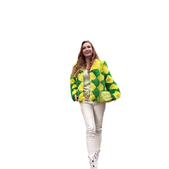 Damen auffällige Kunstpelzjacke mit innovativem Karomuster und kurzem Schnitt Heidi-Mode
