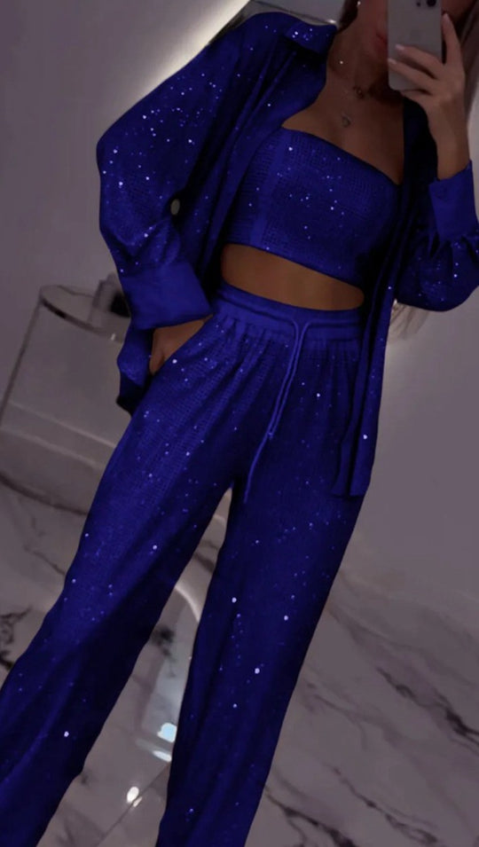 Damen Glitzerndes Lounge-Set mit modischer Jacke und komfortabler Hose Heidi-Mode