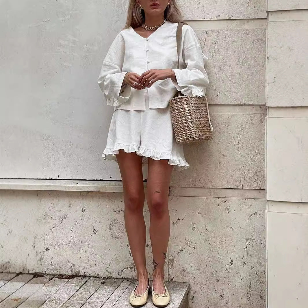 Damen Leicht ausgestelltes Set aus Bluse und Rock mit Rüschen Heidi-Mode