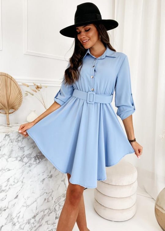 Damen Hemdblusenkleid mit taillierter Gürtel und asymmetrischem Saum Heidi-Mode