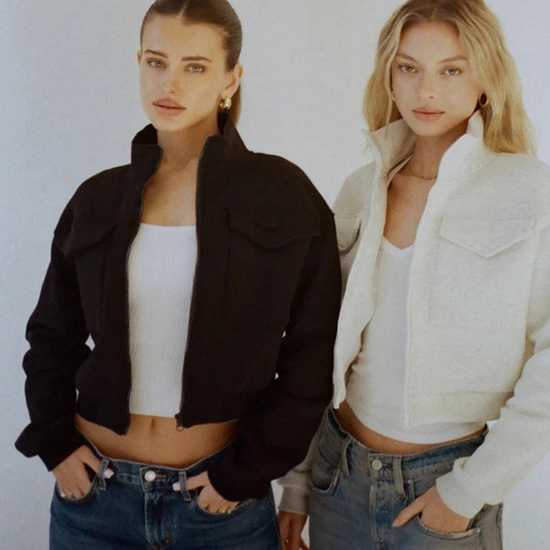 Damen cropped Jacke mit Reißverschluss und Taschen Heidi-Mode