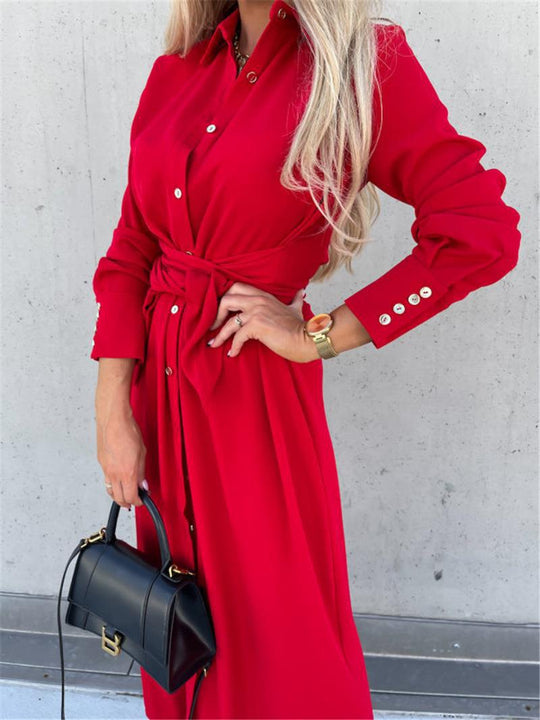 Damen Lange Hemdbluse mit Bindegürtel und elegantem Material Heidi-Mode