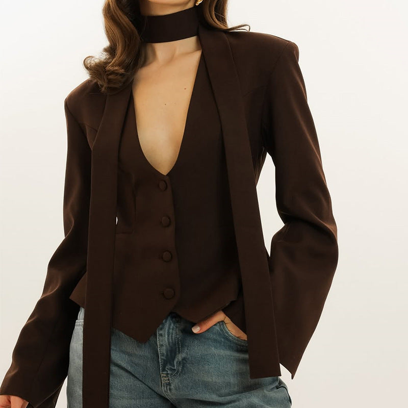 Damen taillierte Blazer-Top mit schmalem Kragen Heidi-Mode