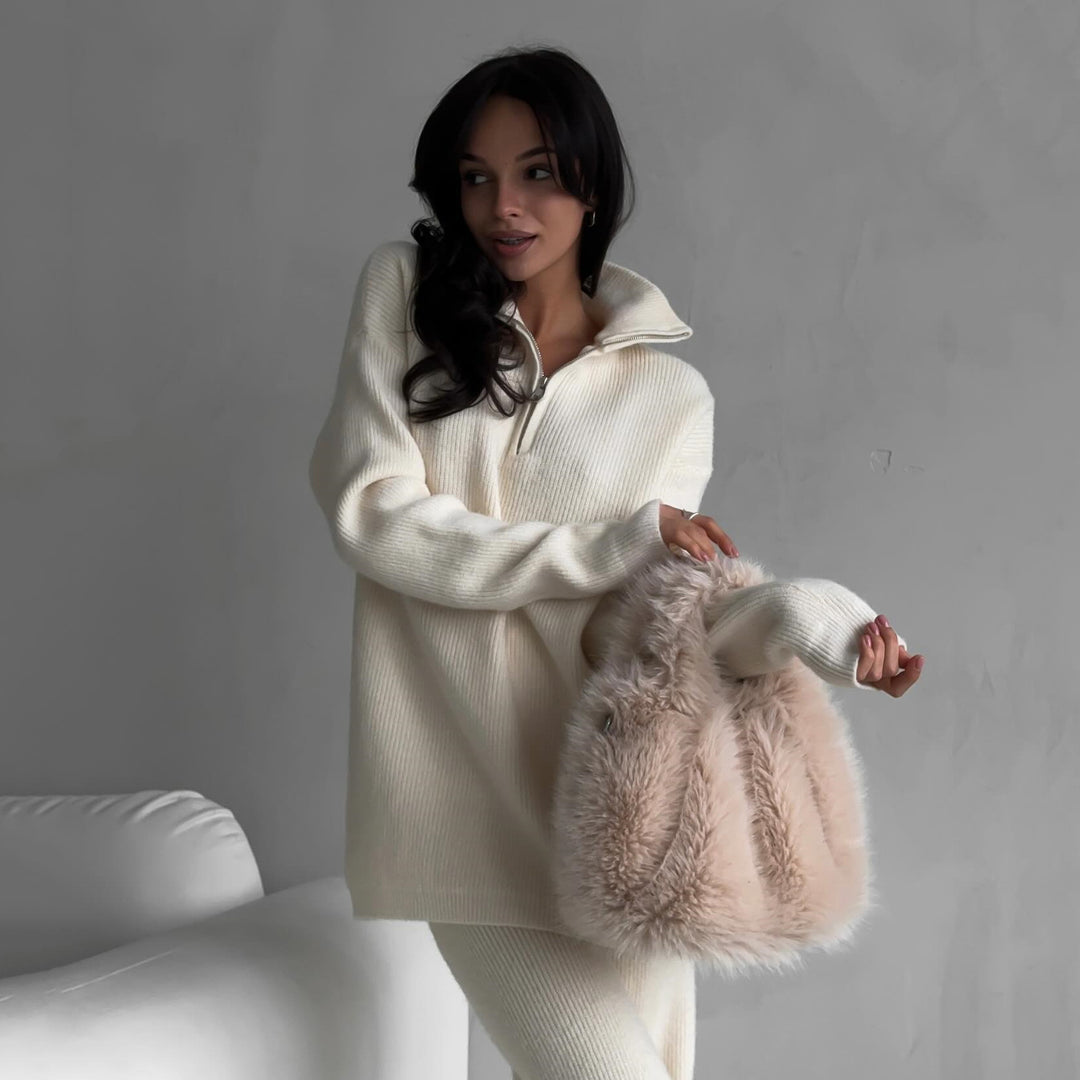 Damen kuscheliger Oversized Pullover mit kurzem Reißverschluss Heidi-Mode