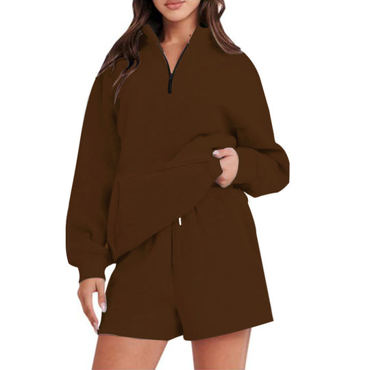Damen Lässiger Sweatshirt-Set mit hochschließendem Kragen und kurzen Shorts Heidi-Mode