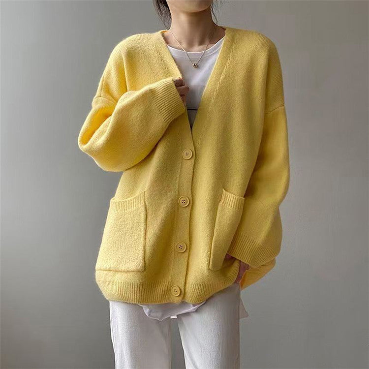 Damen Grob gestrickter Cardigan mit Taschen und V-Ausschnitt Heidi-Mode