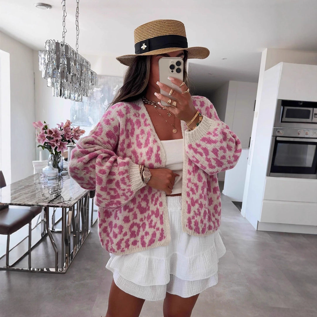 Damen lässige Strickjacke im Leopardenmuster Heidi-Mode