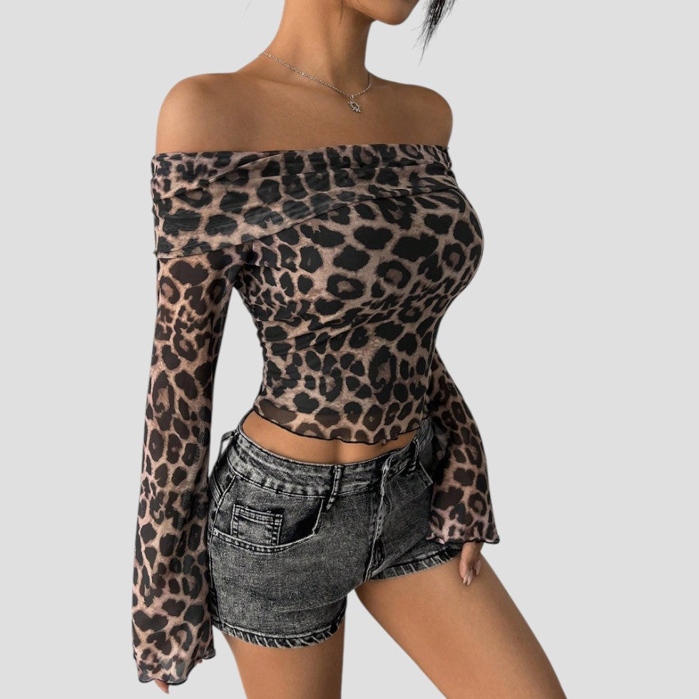 Heidi-Mode | Frauen Off Shoulder Leopardprint Mesh Oberteil Flare Ärmel