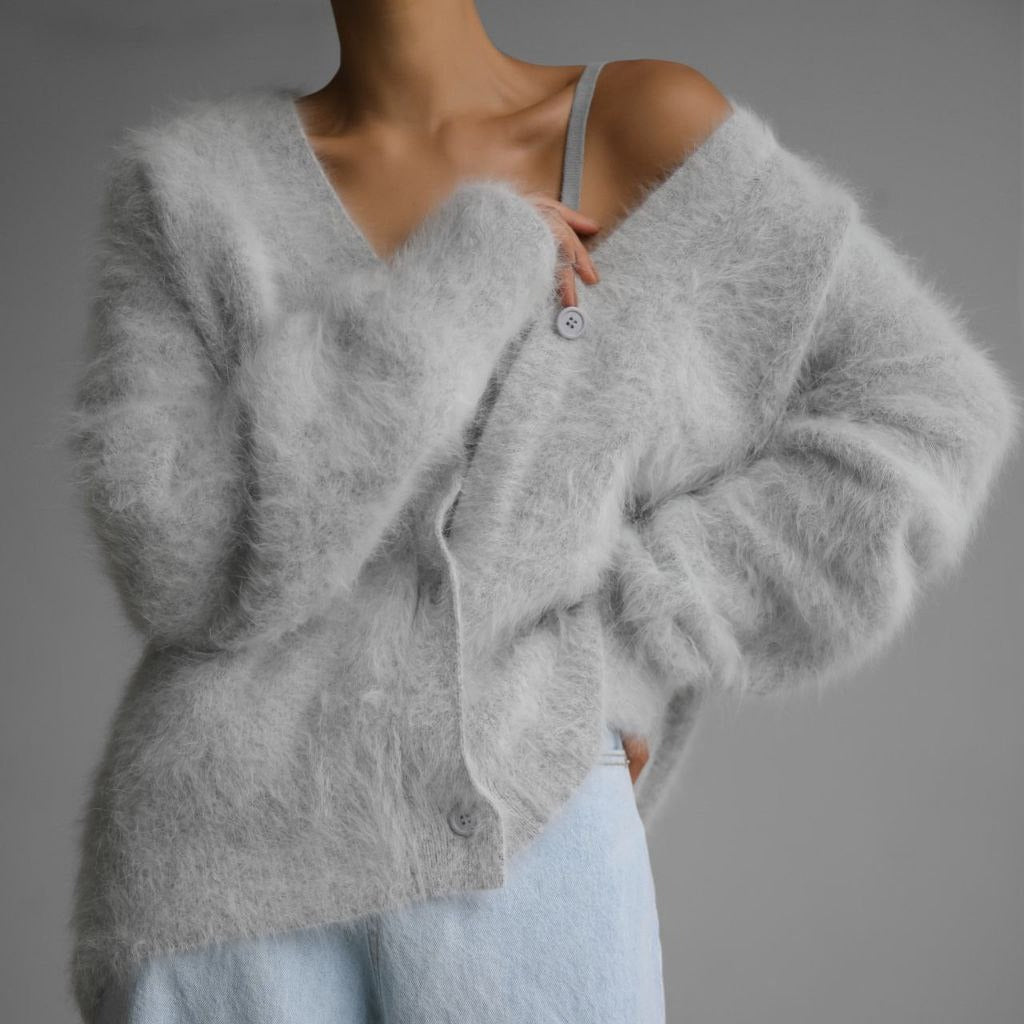 Damen weicher Strickcardigan mit luxuriösem Mohair-Anteil und lässigem Schnitt Heidi-Mode