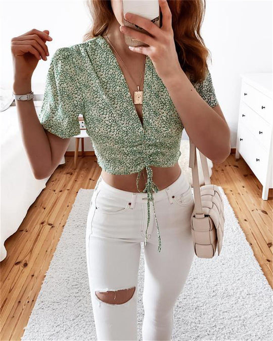 Damen Cropped Bluse mit floralem Design und Kordelzug Heidi-Mode