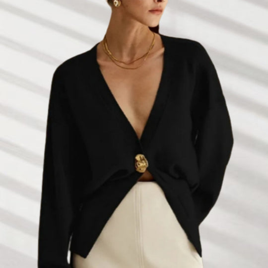 Damen Elegante Strickjacke mit tiefem V-Ausschnitt und dekorativem Knopf Heidi-Mode