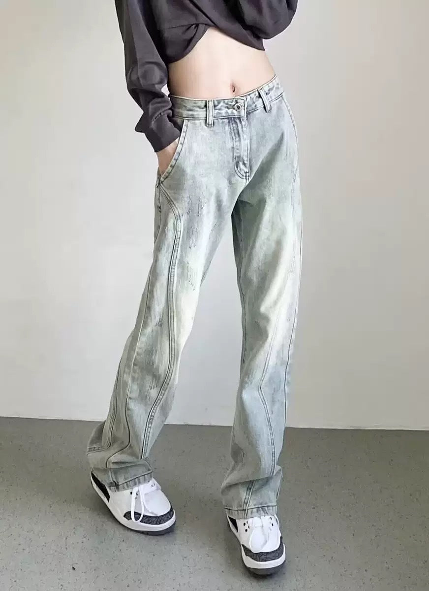 Damen weite High-Waist Denim-Jeans mit distressed Optik und bequemen Seitentaschen Heidi-Mode